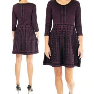 Nina Leonard Black and Deep Wine Patterned Long Sleeve Dress